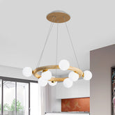 Nordic Opal Matte Glass Chandelier: 8-Bulb Beige Ceiling Pendant Light with Wooden Circle Arm - This modern yet stylish ceiling light stands out with its unique design and is sure to bring a contemporary feel to any room. The Orbs Opal Matte Glas
